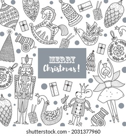 Christmas card the Nutcracker. Magic vector illustration. Coloring page.