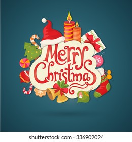 Christmas card with objects and calligraphy eps10
