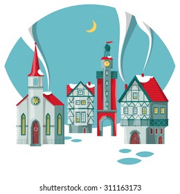Christmas card. Old historic city. Winter urban landscape. Vector illustration