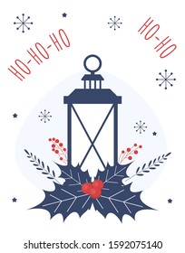 Christmas card with old lantern and holly branch. Vector concept for greeting cards, banners, flyers.