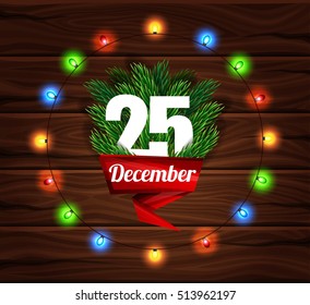 Christmas card on a background of dark wooden planks. Merry Christmas Letter. Realistic fir branches. lens glow effect. Vector illustration.