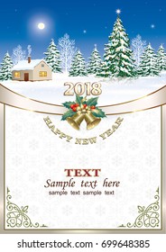 Christmas card on a background of nature with a ribbon and bells in a frame with an ornament. Vector illustration