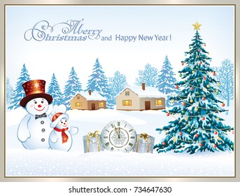 Christmas card on a background of a winter landscape with snowmen, a Christmas tree and gifts. Vector illustration