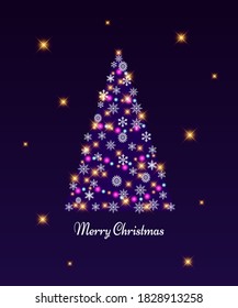 Christmas card on dark background. Xmas tree decorated with snowflakes and light garlands. Posters, website. Holiday decoration. Vector illustration.