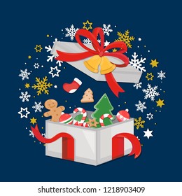Christmas Card on dark navy Xmas background with gify box, christmas ornament and snowflakes. Merry Christmas card. Vector Illustration