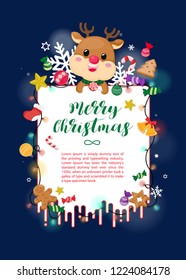 Christmas Card on dark navy background with reindeer, christmas ornament and snowflake. Chritmas template Vector Illustration