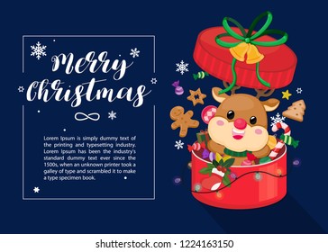 Christmas Card on dark navy background with reindeer, christmas ornament and snowflake in Big gift box. Chritmas template. Vector Illustration