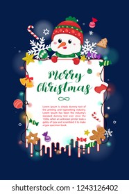 Christmas Card on dark navy background with Snowman, christmas ornament and snowflake. Chritmas template Vector Illustration