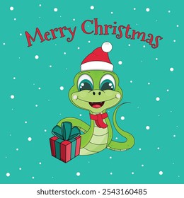 Christmas card on a green background. The green snake is the symbol of the year with a gift box and a Santa hat on a green background.