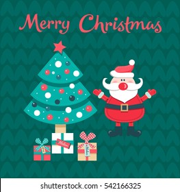 Christmas card on knitting pattern with Santa Claus Christmas tree and boxes of presents. Vector illustration