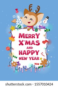 Christmas Card on light blue background with reindeer, christmas ornament and snowflake. Chritmas template Vector Illustration