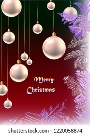 Christmas card on red background with a fir branch whites balls