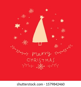 Christmas card on red background with white letters, Christmas tree, ornament and snowflakes. Vector illustration. EPS 10.