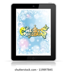 Christmas Card on Screen Tablet PC over Bright Background, isolated on white, vector illustration