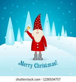 Christmas card on a winter background. Happy smiling santa claus leprechaun with bell