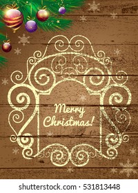 Christmas card on wooden background with Christmas balls and snowflakes