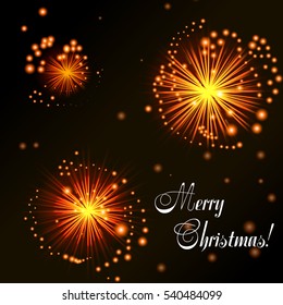 Christmas card. Orange fireworks on dark background. Abstract background for your design. Vector illustration
