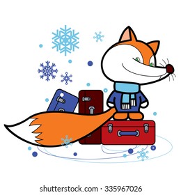 Christmas card with a orange fox fluffy tail on snow background. Little traveler with suitcases. Vector illustration. Cute fox is going to travel in winter time. Cartoon animal personage. 