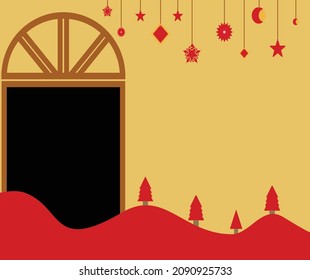 Christmas card with christmas ornament, trees, windows frames to place photos and copy space area. Modern universal artistic template