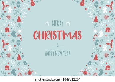 Christmas card with ornaments. Concept of Xmas background with wishes. Vector