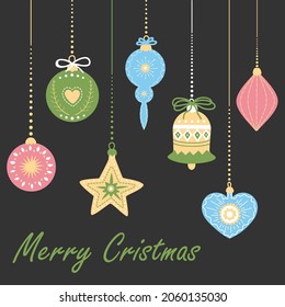 Christmas card with christmas ornaments on black background. Vector illustration with christmas decorations. Postcard for winter celebration.