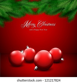 Christmas card with ornaments and pine branches on a red background.