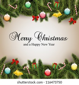 Christmas card with ornaments, Christmas tree branches and candy. Has a light brown background.