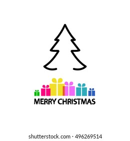 Christmas Card. Outline Tree and Colorful Gift Boxes on White Background.