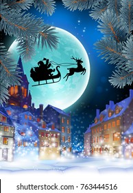 Christmas card. Over the snow-covered city, Santa is flying on a sleigh against the background of the moon. Highly realistic illustration.