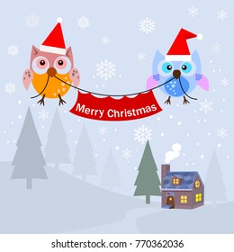 Christmas card with Owl and snow fake in winter background.
