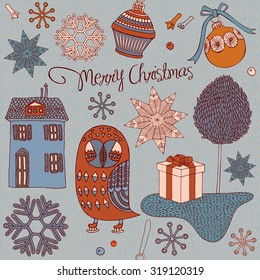 Christmas card with owl, snowflakes and gifts