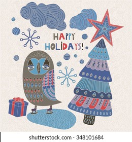 Christmas card with owl, snowflakes and gifts.