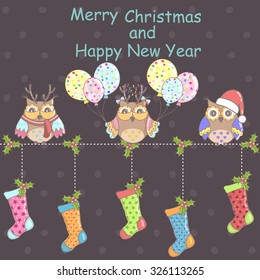 Christmas card with owls and Christmas socks on a dark background