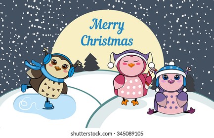 Christmas card with owls. Vector illustration. Winter landscape with funny owls . Merry Christmas and a Happy New-Year's greeting sweet postcard.