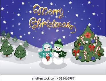 Christmas card with pair of snowmen in love. Vector illustration.