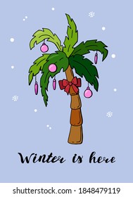 Christmas card with a palm tree decorated with balls. The inscription - Winter is here. Snow and snowflakes.