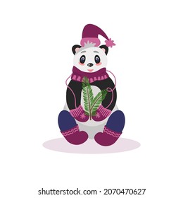 Christmas card with panda bear with fir branches. In warm winter clothes, hat, scarf and felt boots. Vector illustration for design and decor, banner