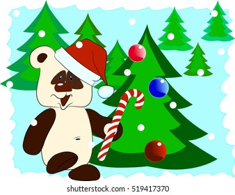 Christmas card with a panda in the Santa hat