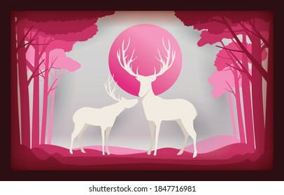 Christmas card paper art concept, Lovely reindeer on abstract background with moon,christmas tree, design for web banner, poster, advertising, or christmas invitation card and happy new year.