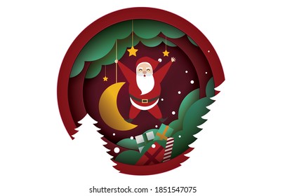 Christmas card paper art concept, Santa claus on night sky with gift, snow, star, christmas tree, design for web banner, poster, christmas invitation card and happy new year festival.