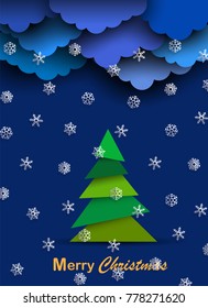 Christmas card with paper clouds, paper white snowflakes and Christmas tree. Vector design for Merry Christmas and Happy new year holiday greeting card, poster, banner,paper art design and craft style