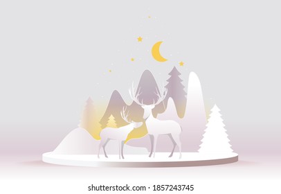 Christmas card paper craft concept, Santa claus and reindeer on abstract background with snow, star, moon Christmas tree, design for web banner, poster, Christmas invitation card and new year festival