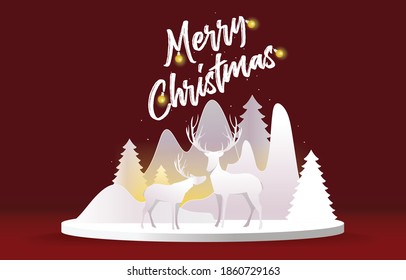 Christmas card paper craft concept, reindeer on abstract background with mountain, snow, Christmas tree, design for web banner, poster, Christmas invitation card and new year festival.
