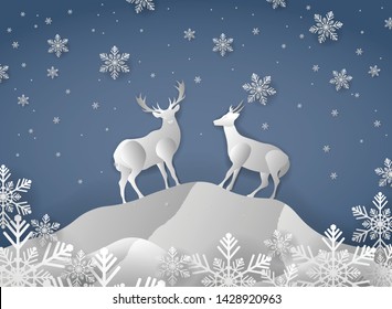 Christmas card with paper cut snow flake with deer forest, paper art