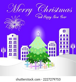 Christmas card in paper cut style. Christmas sparkling bright tree. Winter city with firework, streetlights, gift boxes, houses. Merry Christmas and Happy New Year background. Purple composition