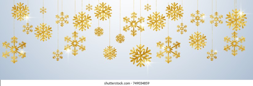 Christmas card with paper gold snow flake. Falling golden snowflakes on a transparent winter background. Vector illustration. Merry Christmas, New Year design. EPS 10.