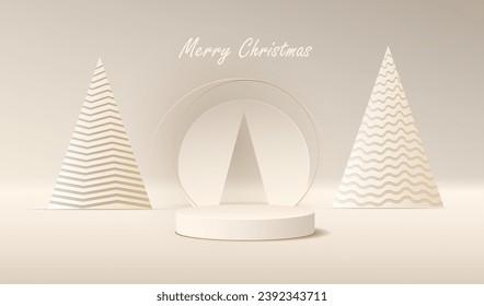 Christmas card with paper pattern trees and podium in cream white design. Xmas winter area to display gift sale product background. Happy New Year concept.	
