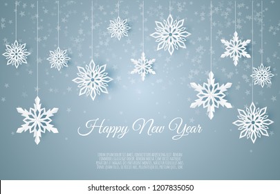 Christmas Card With Paper Snow Flake. Falling Snowflakes On A Dark Blue Winter Background.