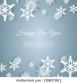 Christmas card with paper snow flake. Falling snowflakes on a blue background.
