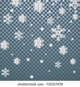 Christmas card with paper snow flake. Falling snowflakes on a transparent winter background. Vector illustration. Merry Christmas, New Year design. EPS 10.